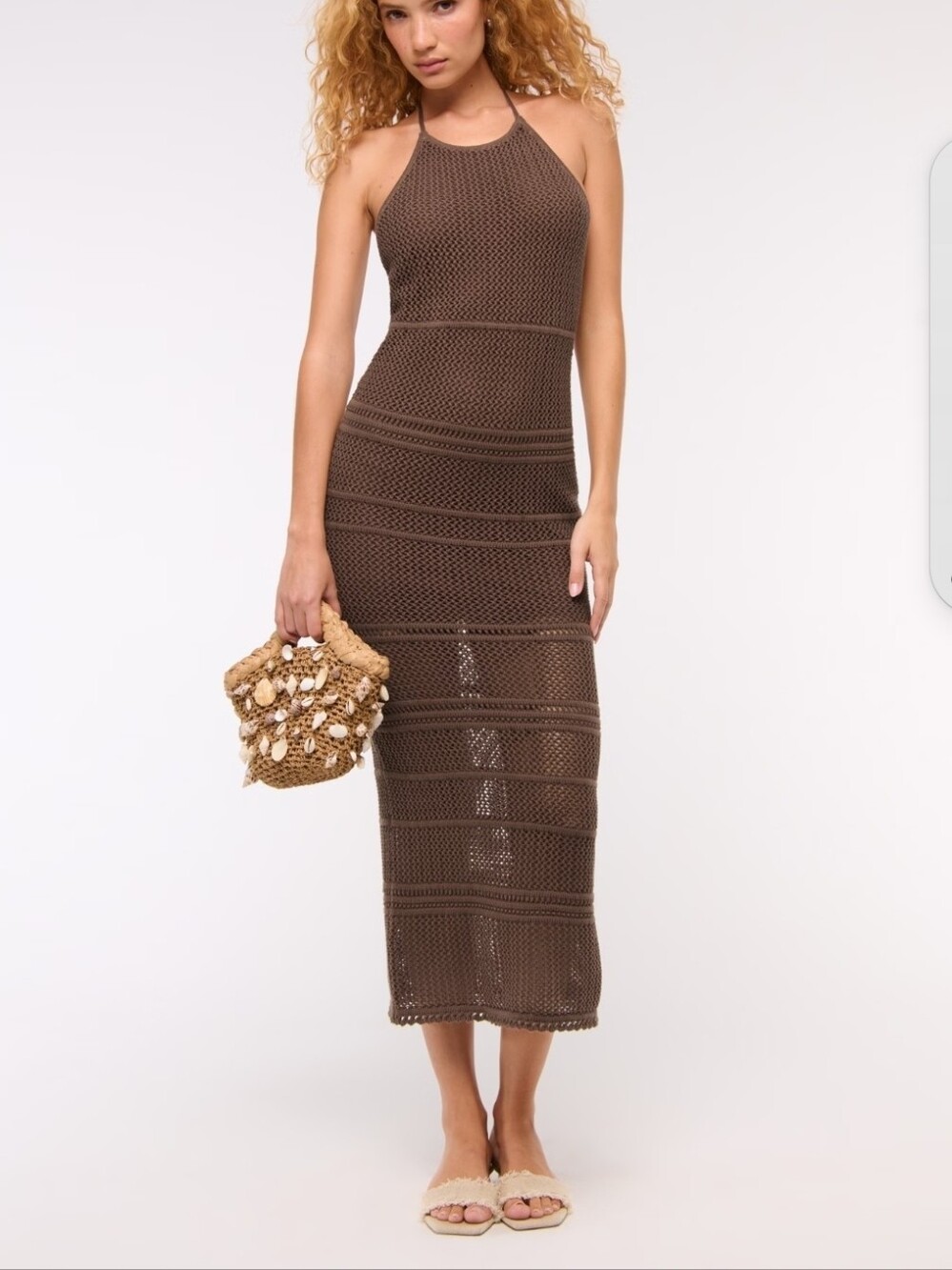 Abercrombie & Fitch Beaded Crochet Style Maxi Dress Halter I Brown Resortwear XL